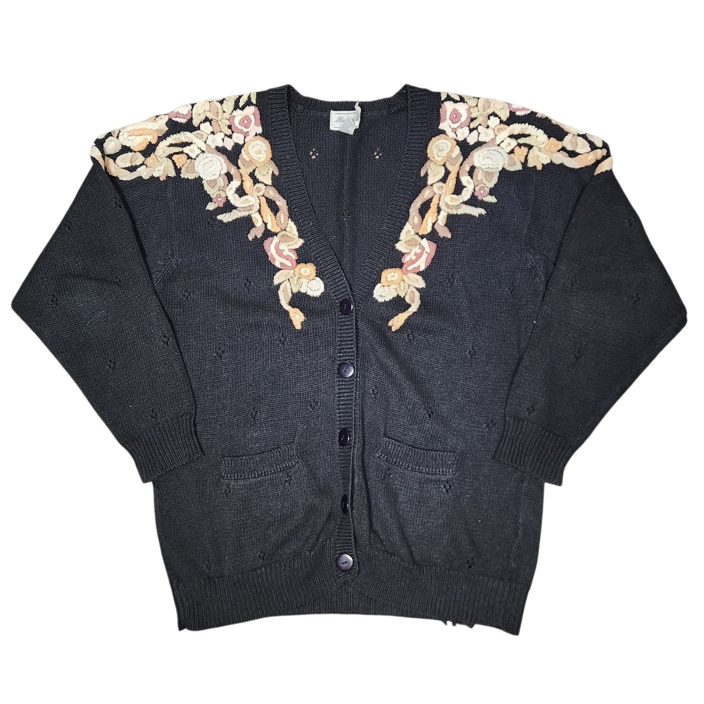 Vintage Black Floral Embroidered Chunky Floral Sweater Cardigan Granny Cottage L
